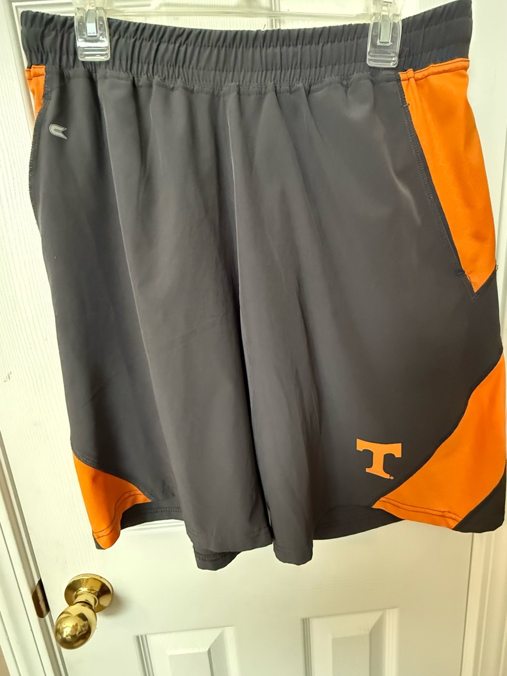 Men's Gray and Orange Athletic Performance Shorts with T Accent